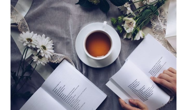 Reading while having a cup of tea