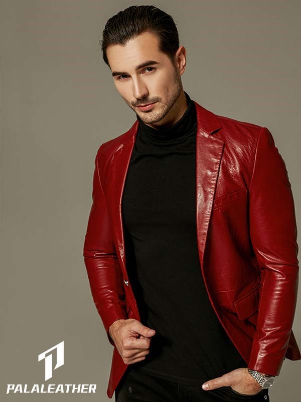 Red Blazer Leather Buttoned Goatskin Jacket