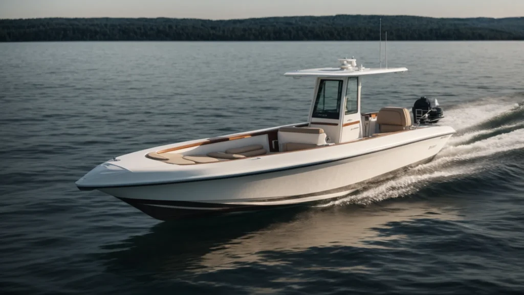 Users 7dd1dc79 7cb9 40c2 b5f8 d0e040fa311b generations 04c632e4 c92e 4d92 bd37 256a5338115e photoreal a center console boat is floating on calm waters und 0 A center console boat is floating on calm waters under a clear sky, equipped with a sleek, modern leaning post.