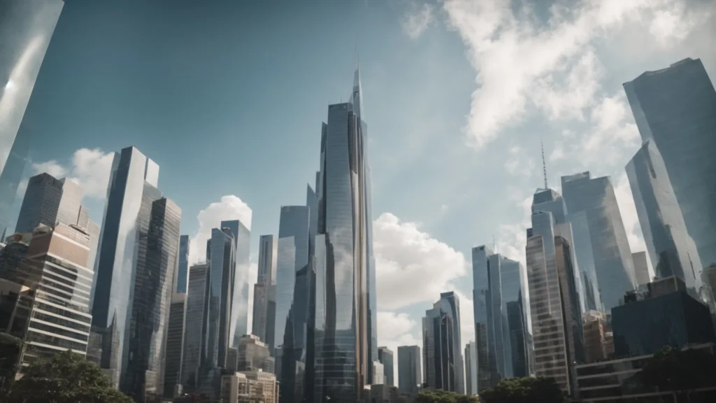 A towering cityscape with skyscrapers under the clear sky, symbolizing a bustling real estate market.