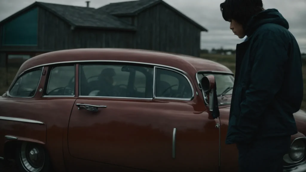 A person stands beside a locked car, looking through the window with a worried expression.