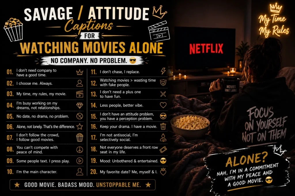 Savage  attitude captions for watching movies alone
