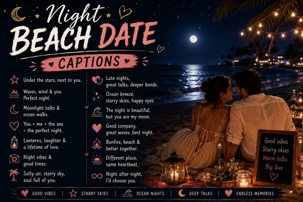 Night beach date captions Night beach date captions