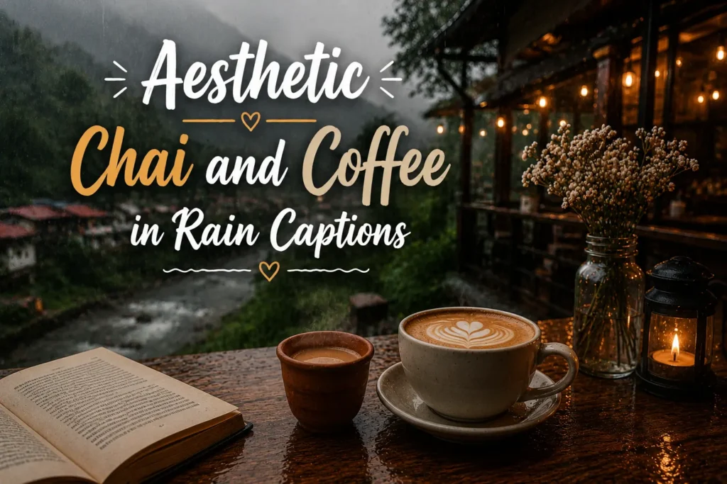 Aesthetic chai and coffee in rain captions