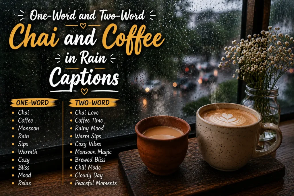 One word and two word chai and coffee in rain captions