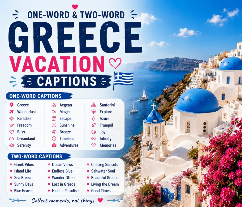 One word and two word greece vacation captions One word and two word greece vacation captions