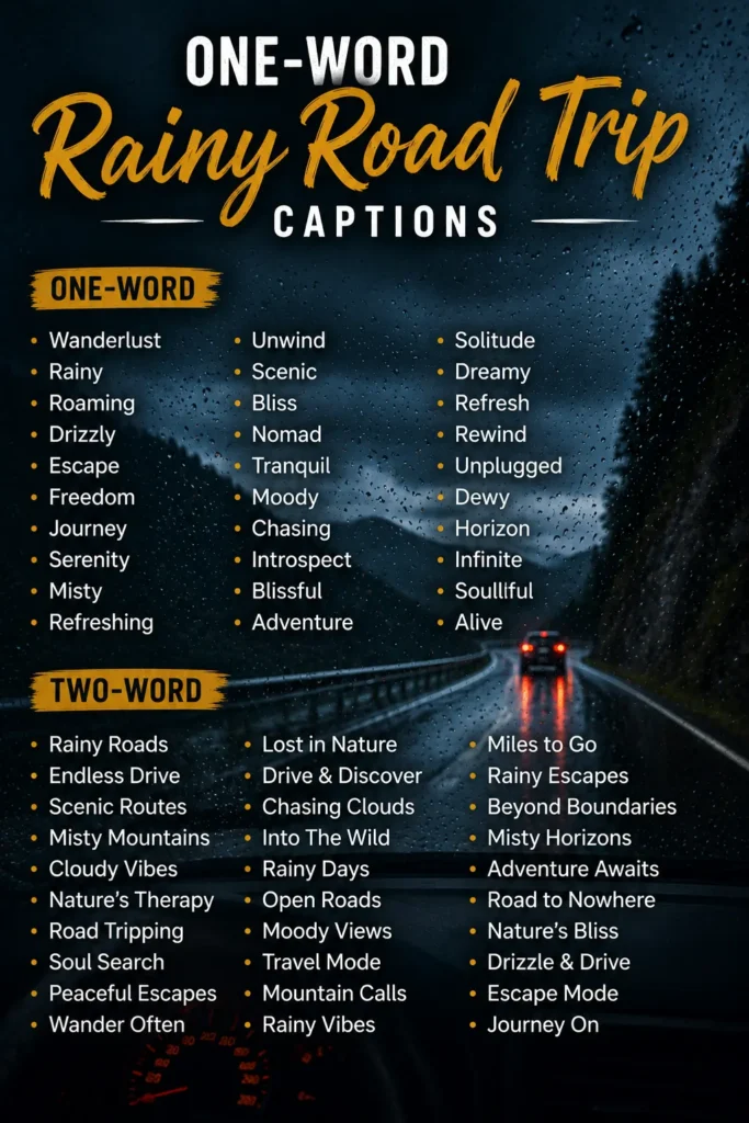 One word and two word rainy road trip captions 1 One word and two word rainy road trip captions