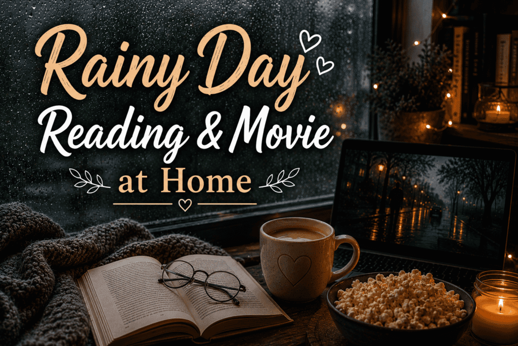 Rainy day reading and movie captions at home