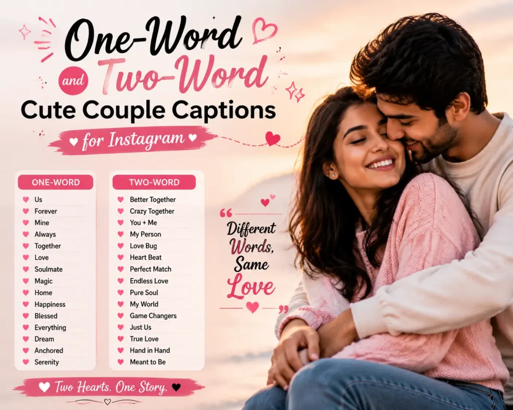 One word and two word cute couple captions