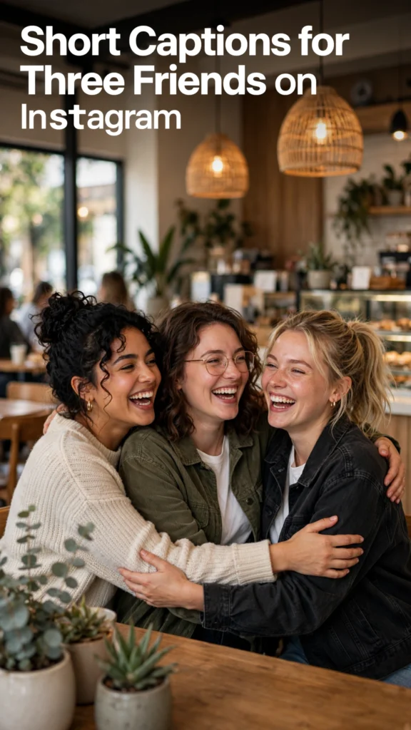 Three friends cafe hug Short captions for three friends on instagram