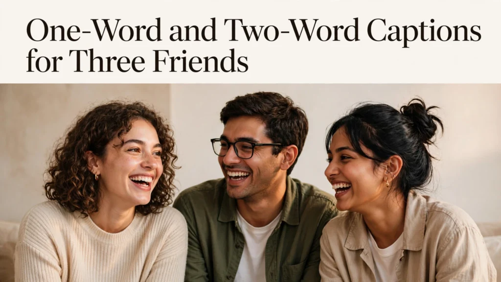 Three friends laughing One-word and two-word captions for three friends